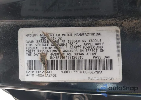 2003 Toyota Corolla Le из США, поврежденный, VIN 1NXBR32E43Z126315